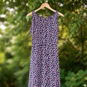 Rails Navy Floral Midi Dress – Size Medium – Sleeveless Ruffle Hem